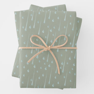 Falling Raindrops Cute Rainy Day Olive Green Wrapping Paper Sheets