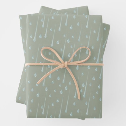Falling Raindrops Cute Rainy Day Olive Green Wrapping Paper Sheets
