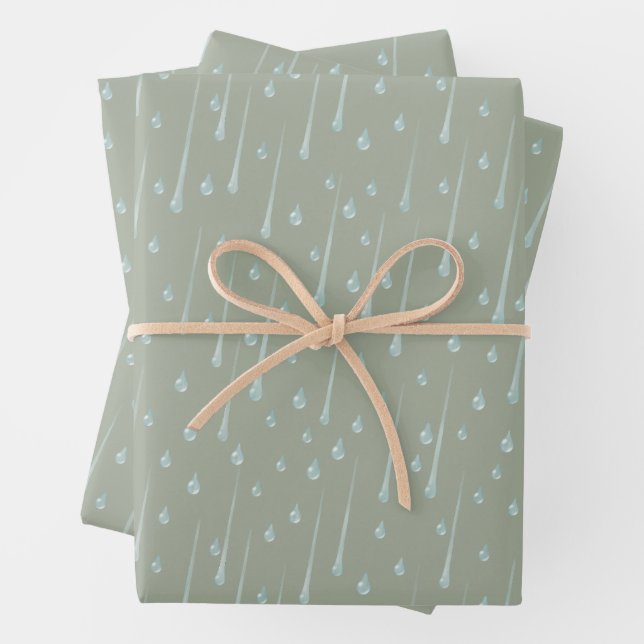 Falling Raindrops Cute Rainy Day Olive Green Wrapping Paper Sheets (In situ)