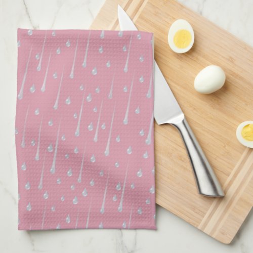 Falling Raindrops Cute Rainy Day Rose Pink Kitchen Towel