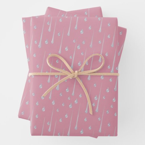 Falling Raindrops Cute Rainy Day Rose Pink Wrapping Paper Sheets
