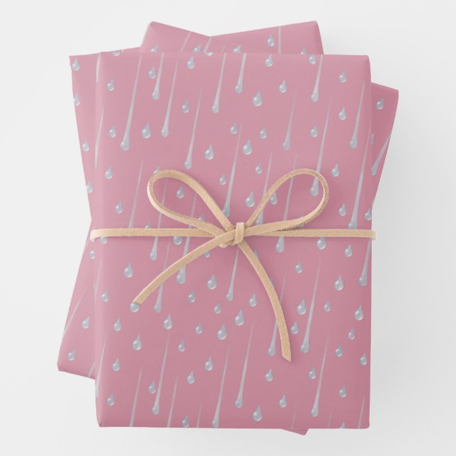Falling Raindrops Cute Rainy Day Rose Pink Wrapping Paper Sheets (In situ)