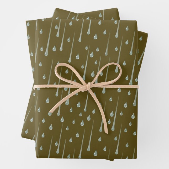 Falling Raindrops Cute Rainy Day Sepia Brown Wrapping Paper Sheets (In situ)