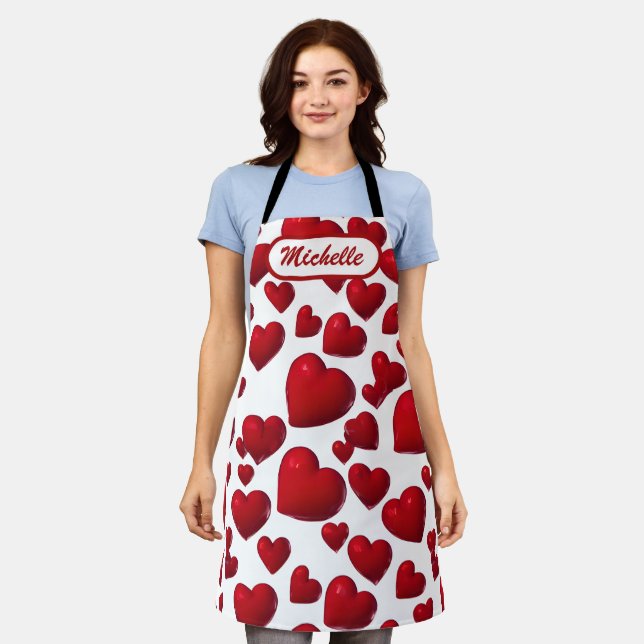 Falling Red Hearts Valentine Pattern Apron (Worn)