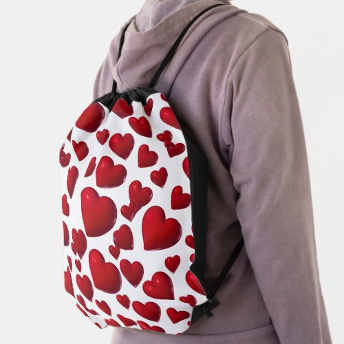 Falling Red Hearts Valentine Pattern Drawstring Bag