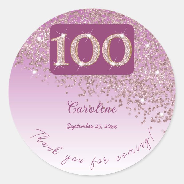 Falling Rose Gold Glitter, 100th Birthday Thanks Classic Round Sticker (Front)