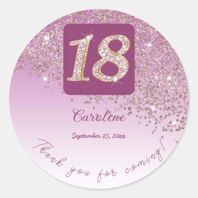 Falling Rose Gold Glitter, 18th Birthday Thanks Classic Round Sticker (Front)