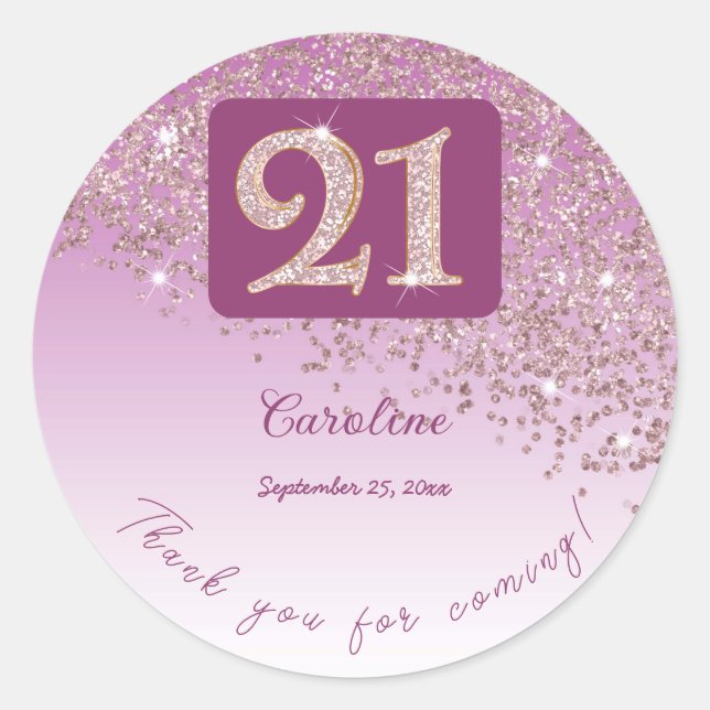Falling Rose Gold Glitter, 21st Birthday Thanks Classic Round Sticker (Front)