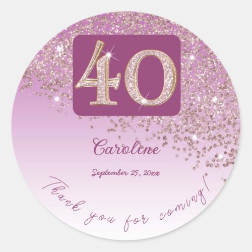 Falling Rose Gold Glitter 40th Birthday Thanks Classic Round Sticker