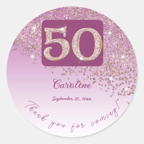 Falling Rose Gold Glitter 50th Birthday Thanks Classic Round Sticker