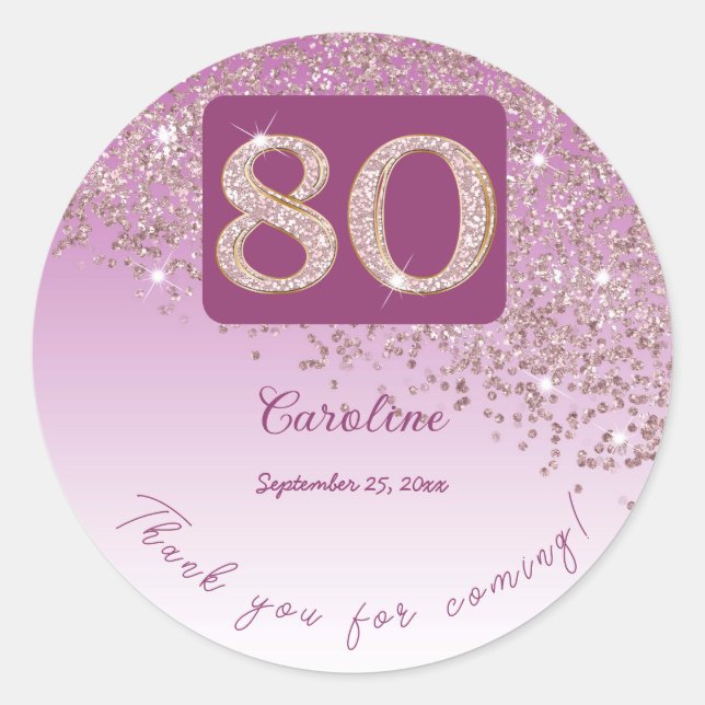 Falling Rose Gold Glitter, 80th Birthday Thanks Classic Round Sticker (Front)