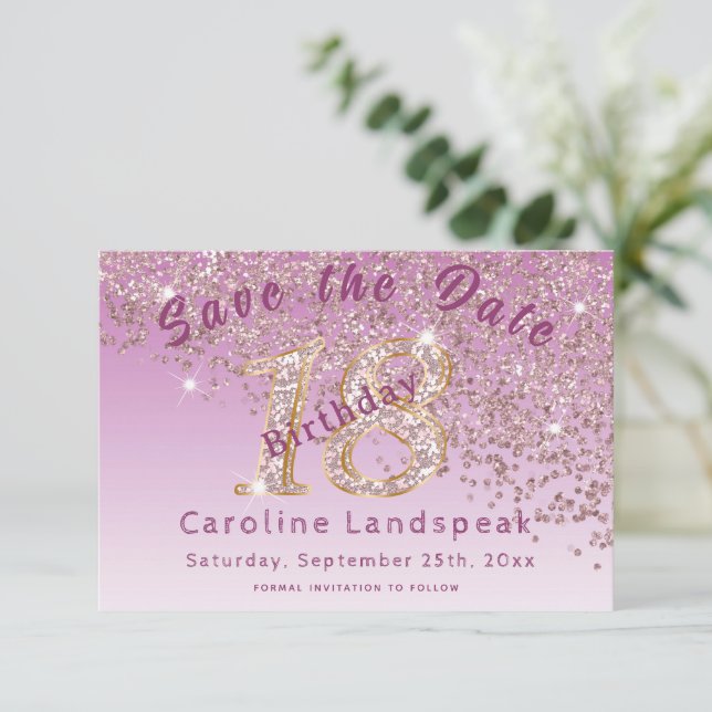 Falling Rose Gold  Glitter for 18th Birthday  Save The Date (Standing Front)