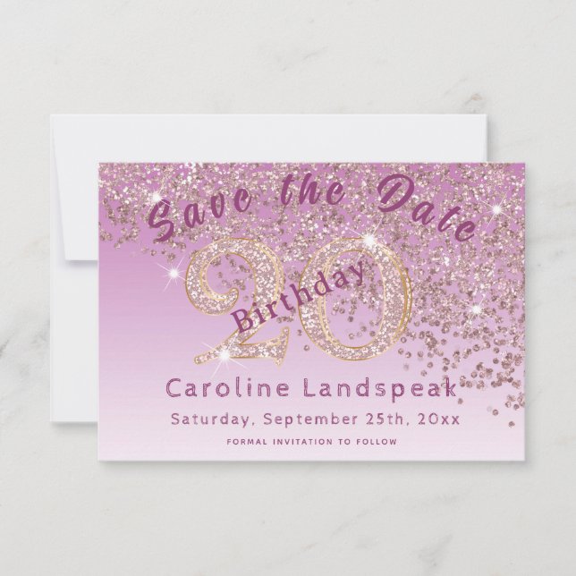 Falling Rose Gold  Glitter for 20th Birthday Save The Date (Front)