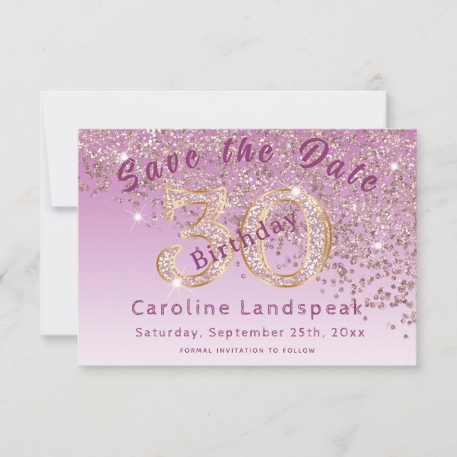 Falling Rose Gold  Glitter for 30th Birthday Save The Date (Front)