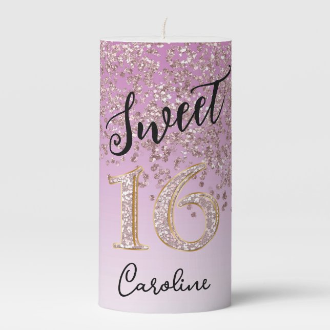 Falling Rose Gold Glitter & Glitter Number 16 Pillar Candle (Front)