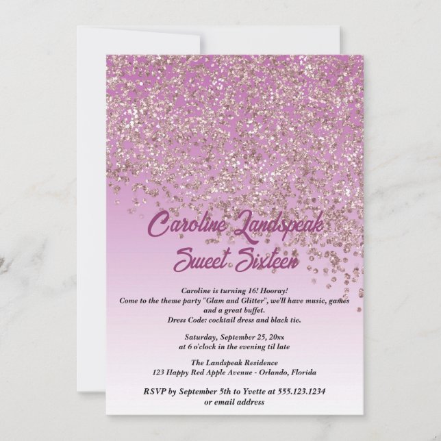 Falling Rose Gold Glitter Sweet Sixteen Invitation (Front)