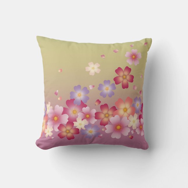 Falling Sakura Blossoms Kimono Style Pink & Green Throw Pillow (Front)