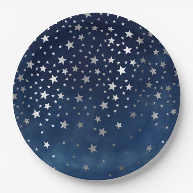 Falling Silver Stars Celestial  Paper Plates (Front)