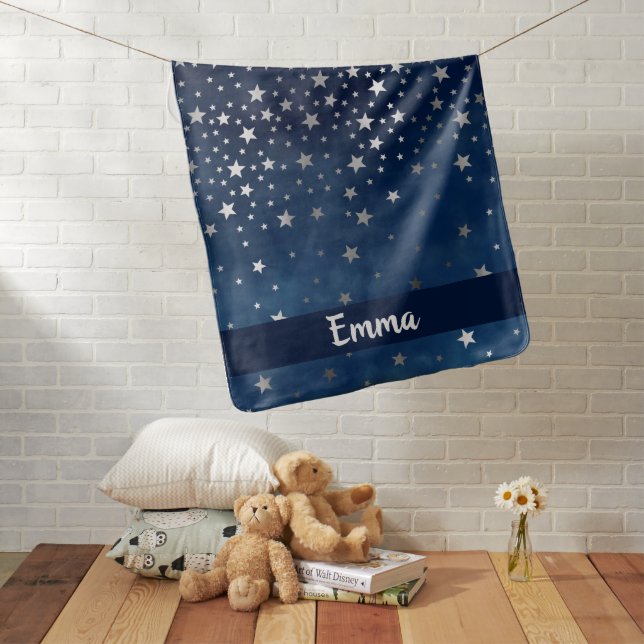 Falling Silver Stars Celestial Personalized Baby Blanket (In Situ)