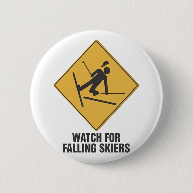 Falling Skiers Pinback Button (Front)