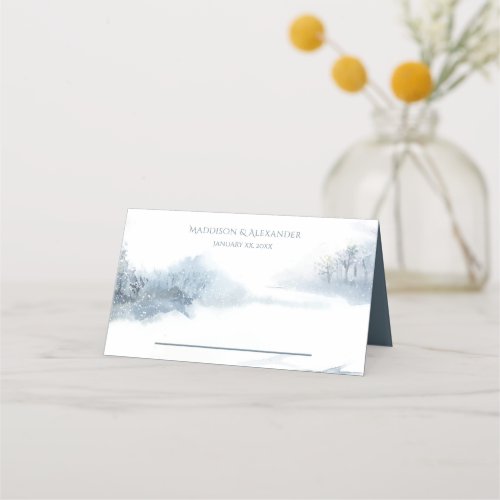 Falling Snow Blue and White Wedding Place Card