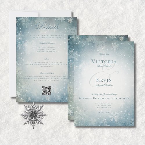 Falling Snow Blue  White Sparkle All In One Invitation