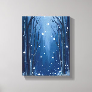 Falling Snow Blue Winter Forest Watercolor Painted Canvas Print