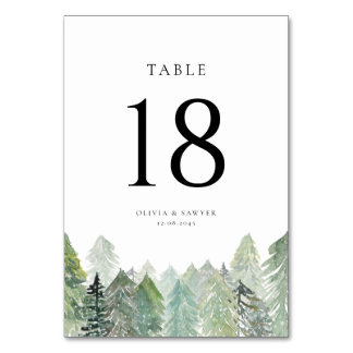 Falling Snow on Evergreen Forest Winter Wedding Table Number