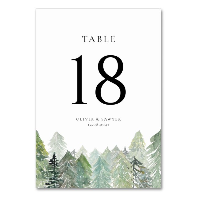 Falling Snow on Evergreen Forest Winter Wedding Table Number (Front)