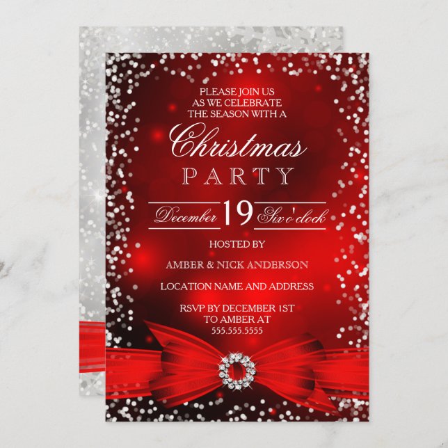 Falling Snow Red White Bow Christmas Party Invitation (Front/Back)