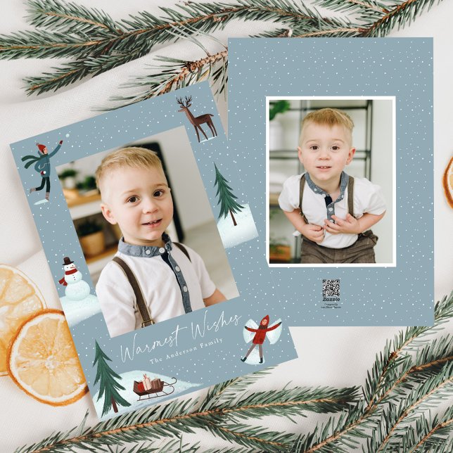 Falling Snow Whimsical 2 Photo Holiday Card (Creator Uploaded)