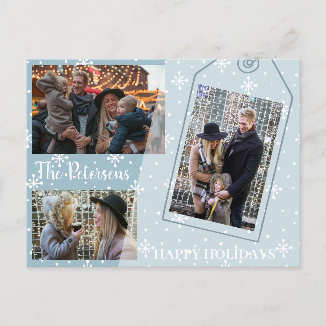 Falling snow white and blue family photo collage postcard | Zazzle