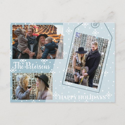 Falling snow white and blue family photo collage postcard