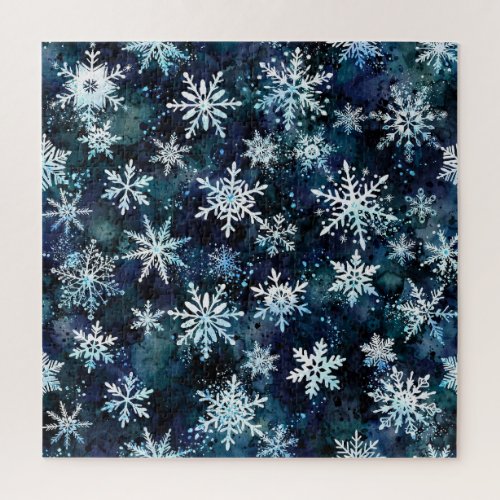 Falling Snowflakes Deep Blue Magical Winter Night Jigsaw Puzzle
