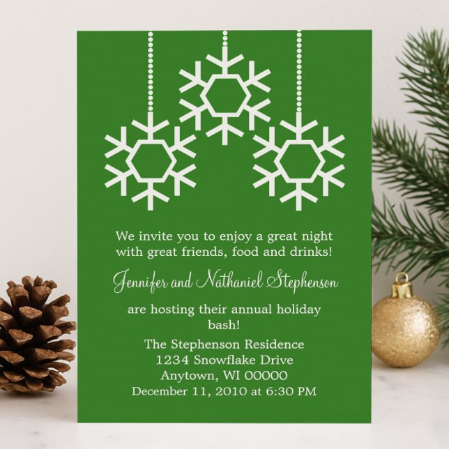 Falling Snowflakes Holiday Party, Green Invitation (Green Falling Snowflakes Holiday Party Invitation)
