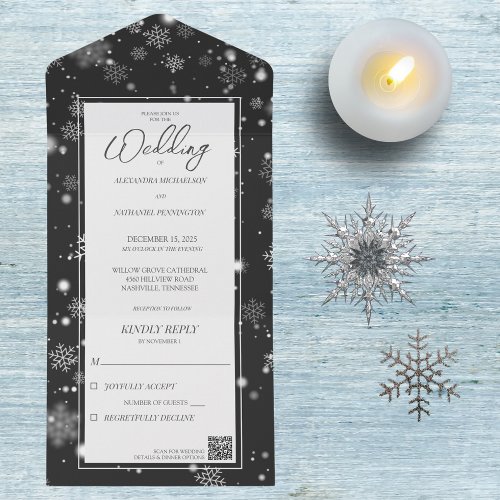 Falling Snowflakes on Black with QR Code  All In One Invitation