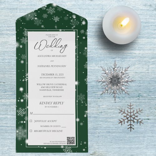Falling Snowflakes on Dark Green with QR Code  All In One Invitation
