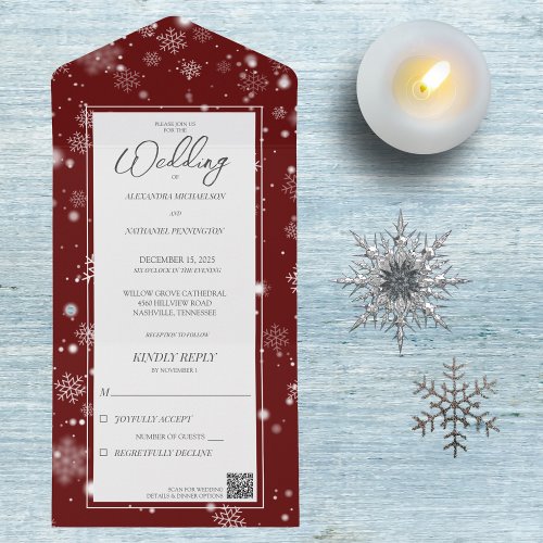 Falling Snowflakes on Deep Red with QR Code  All In One Invitation