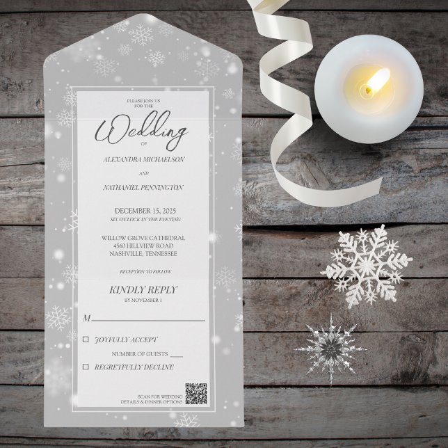 Falling Snowflakes on Gray with QR Code  All In One Invitation (Available without QR code. )