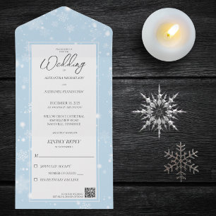 Falling Snowflakes on Pale Ice Blue with QR Code All In One Invitation
