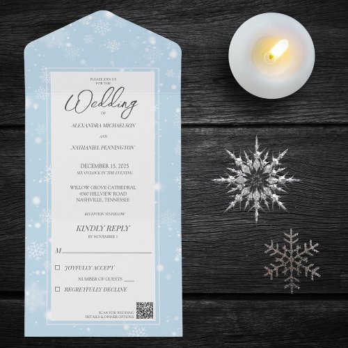 Falling Snowflakes on Pale Ice Blue with QR Code  All In One Invitation
