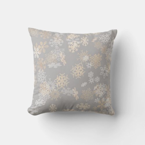 Falling snowflakes pattern on gray background throw pillow