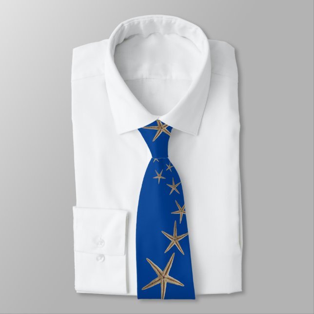 Falling Starfish Sea Stars Navy Blue Neck Tie (Tied)