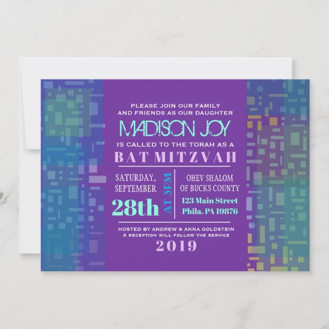 FALLING STARS & SQUARES Bar Bat Mitzvah Invitation (Front)