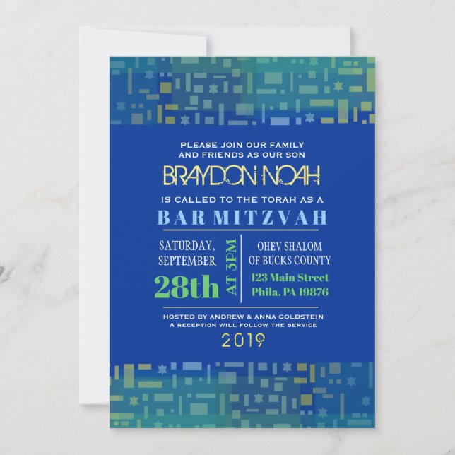 FALLING STARS & SQUARES Bar Bat Mitzvah Invitation (Front)