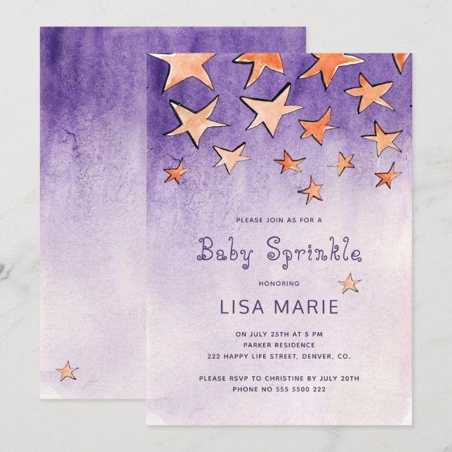 Falling stars watercolor purple baby sprinkle invitation (Front/Back)