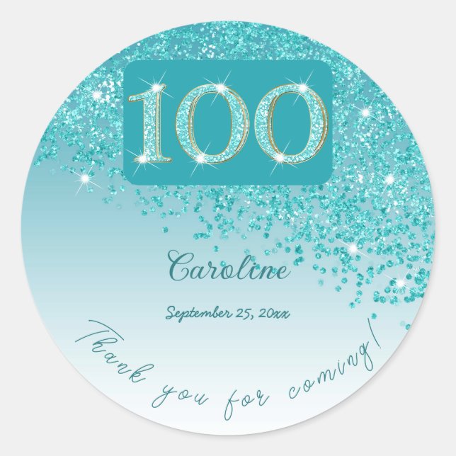 Falling Teal Blue Glitter, 100th Birthday Thanks Classic Round Sticker (Front)