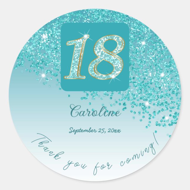 Falling Teal Blue Glitter, 18th Birthday Thanks Classic Round Sticker (Front)