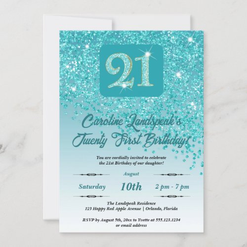 Falling Teal Blue Glitter 21st Birthday Party Invitation