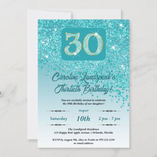 Falling Teal Blue Glitter 30th Birthday Party Invitation